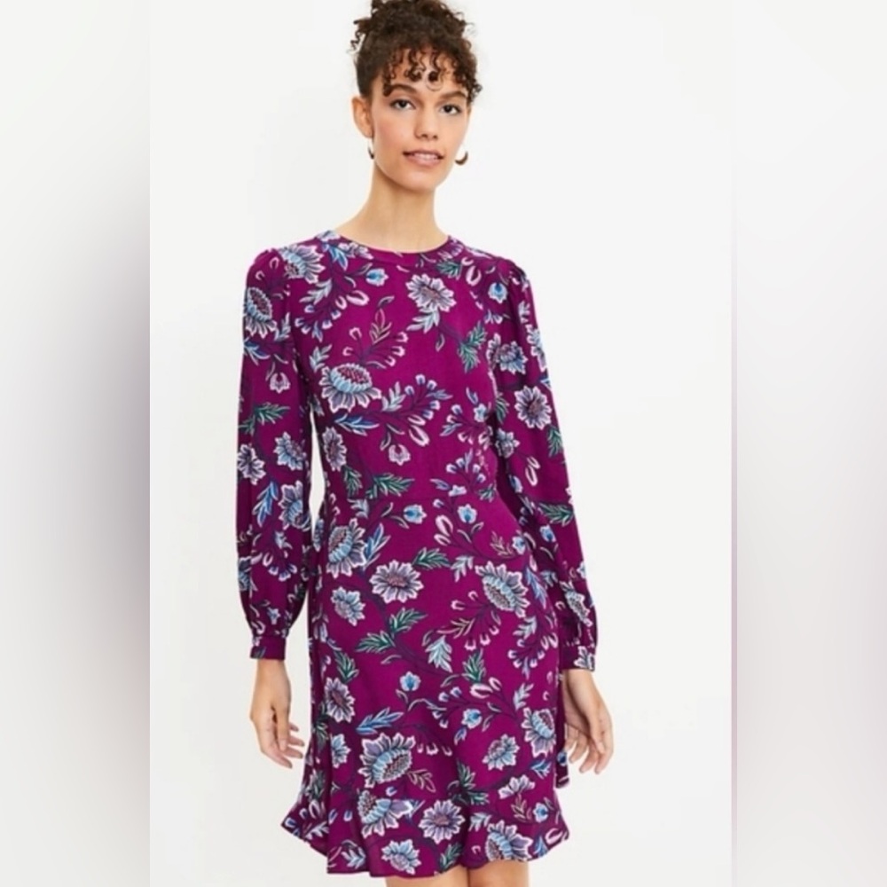 LOFT PLUM FLORAL PRINT LONG SLEEVE DRESS SIZE 2 TALL